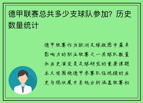 德甲联赛总共多少支球队参加？历史数量统计