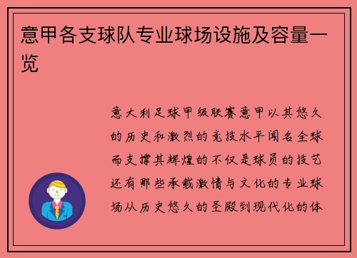 意甲各支球队专业球场设施及容量一览