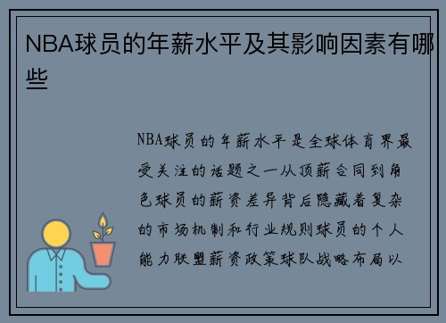 NBA球员的年薪水平及其影响因素有哪些